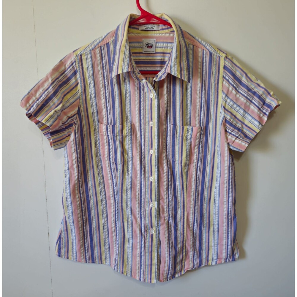Vintage Cruel Girl Western Shirt Women Medium Striped Seersucker Cotton Pastel